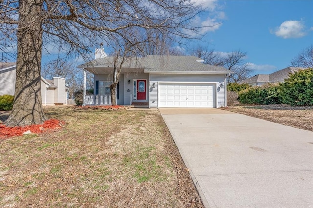 ranch-style house featuring covered porch, a chimney, concrete driveway, a front lawn, and a garage