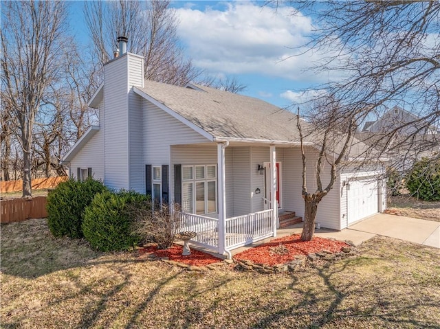 view of front of property with fence, driveway, a porch, an attached garage, and a shingled roof