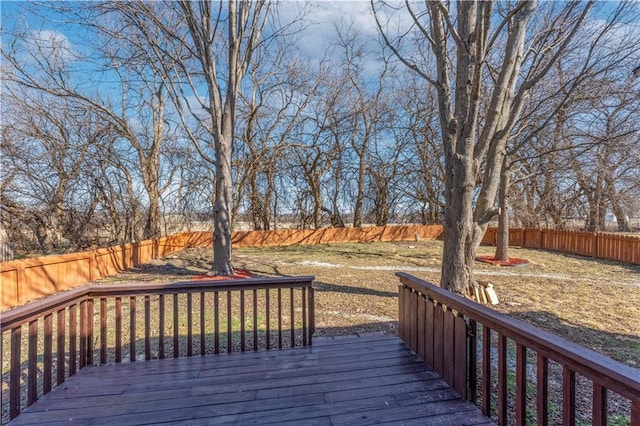 wooden deck with a yard and a fenced backyard