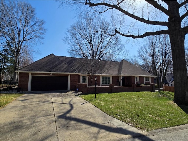 ranch-style house with brick siding, a front lawn, fence, concrete driveway, and a garage