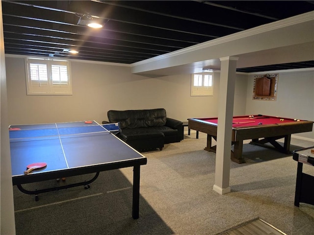 playroom with a healthy amount of sunlight, pool table, and carpet floors