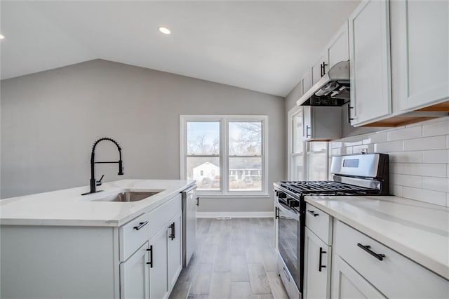 kitchen featuring under cabinet range hood, vaulted ceiling, appliances with stainless steel finishes, and a sink