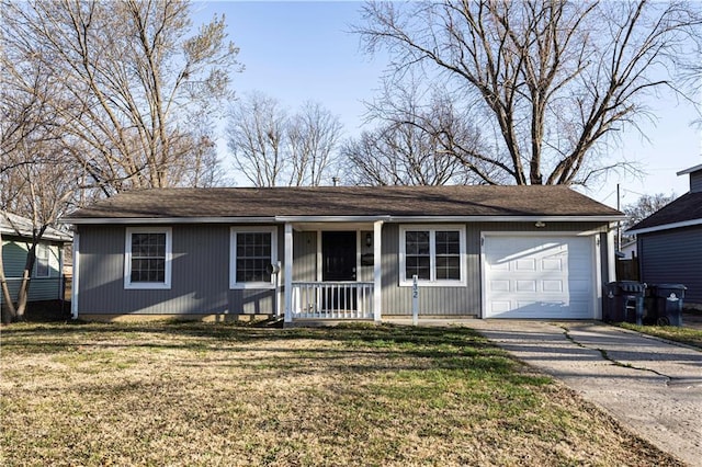 ranch-style house featuring covered porch, driveway, a front lawn, and a garage