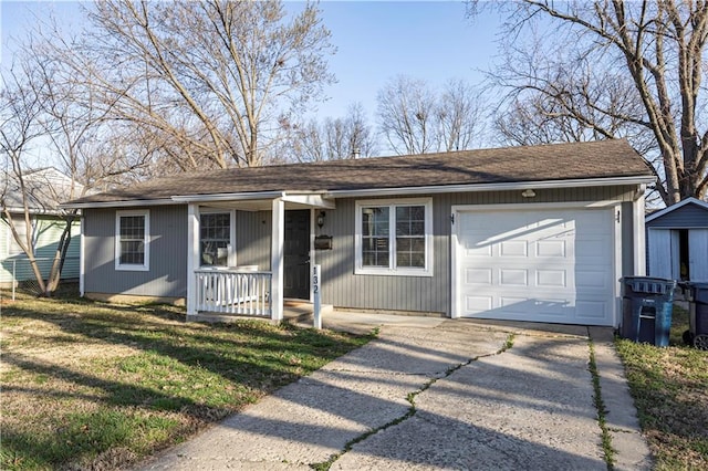 ranch-style home with a porch, driveway, a front lawn, and a garage