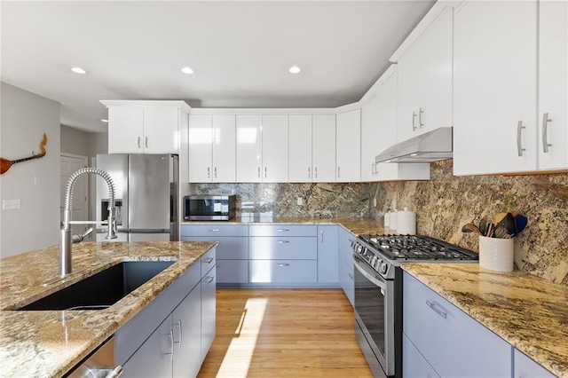 kitchen featuring light stone countertops, a sink, under cabinet range hood, light wood-style flooring, and appliances with stainless steel finishes