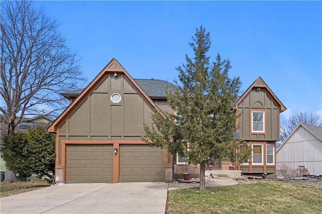 view of front facade with concrete driveway, a garage, brick siding, and a front lawn