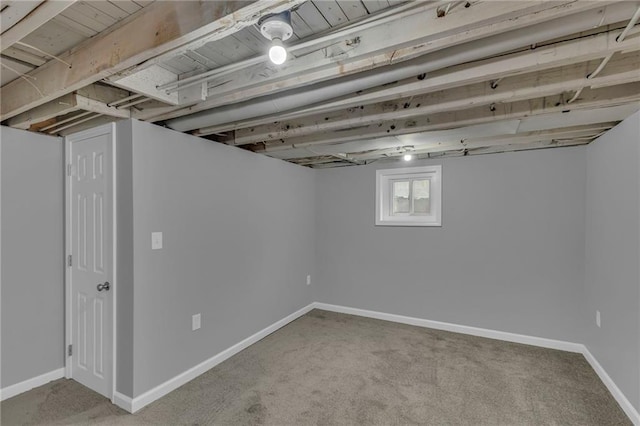 basement featuring baseboards and carpet