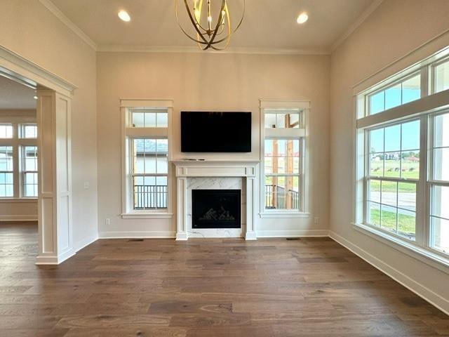 unfurnished living room with dark wood finished floors, a premium fireplace, baseboards, and ornamental molding