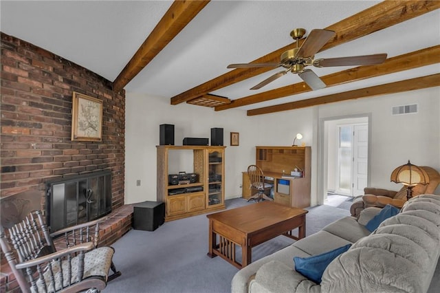 living area featuring beamed ceiling, carpet floors, visible vents, and a ceiling fan