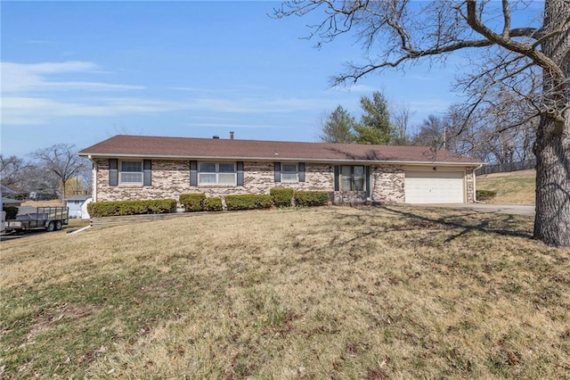 single story home with cooling unit, driveway, a front lawn, and an attached garage