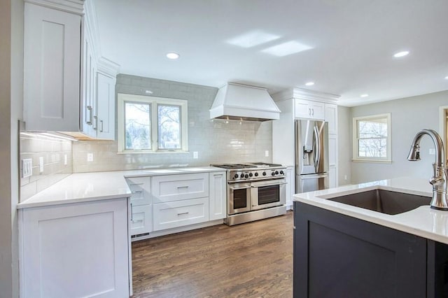 kitchen with dark wood-style floors, custom exhaust hood, a sink, stainless steel appliances, and tasteful backsplash