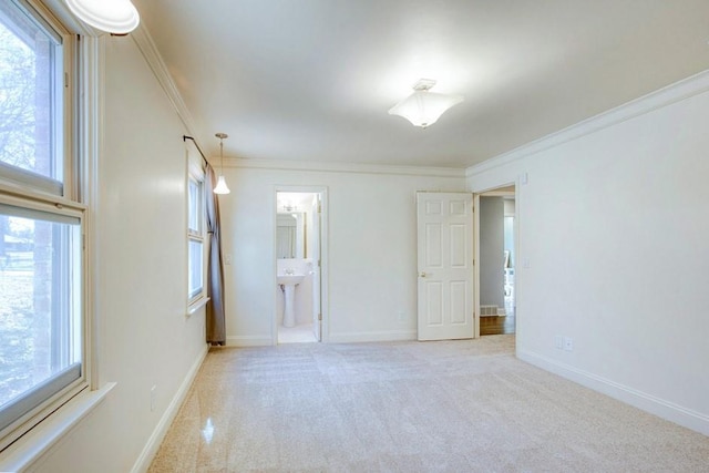 interior space with multiple windows, baseboards, and ornamental molding