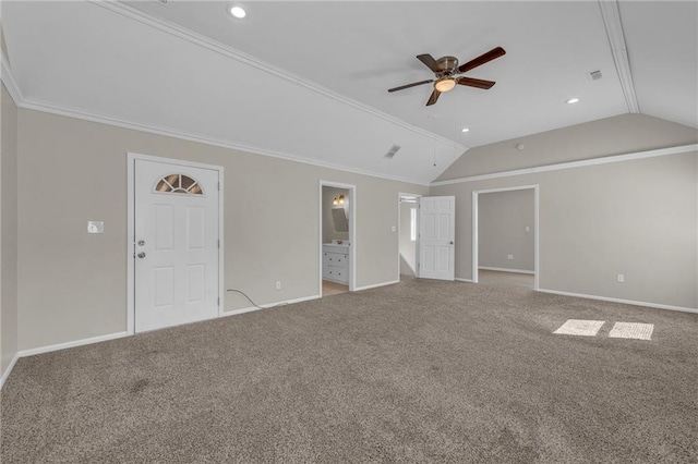 unfurnished living room with crown molding, carpet flooring, lofted ceiling, and ceiling fan