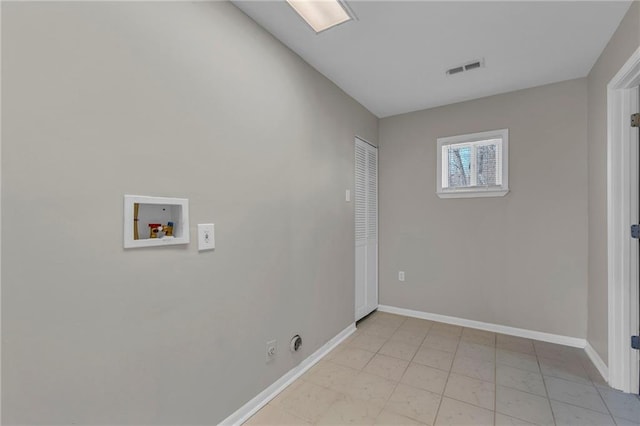 laundry area featuring hookup for a washing machine, baseboards, visible vents, laundry area, and electric dryer hookup