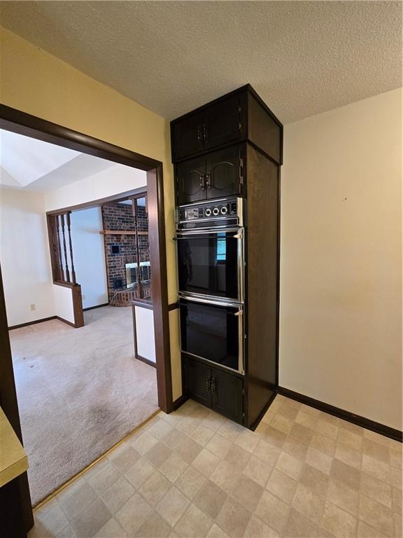 2213 Millwood Dr, Atchison, KS 66002 - kitchen with a textured ceiling, light carpet, light flooring, light countertops, and dark cabinets