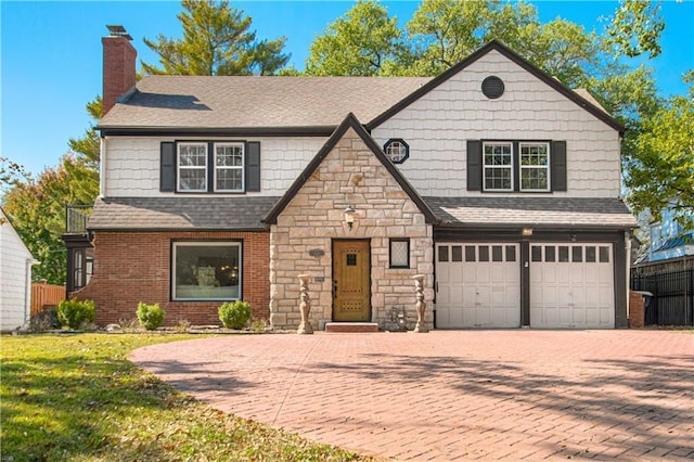 view of front of property with decorative driveway, stone siding, an attached garage, and a chimney