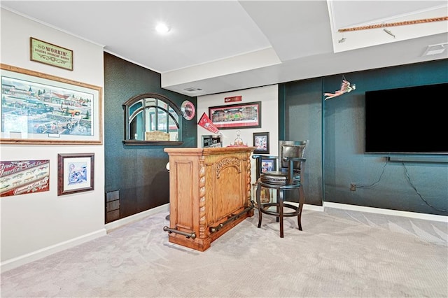 bar featuring a dry bar, carpet, visible vents, and baseboards