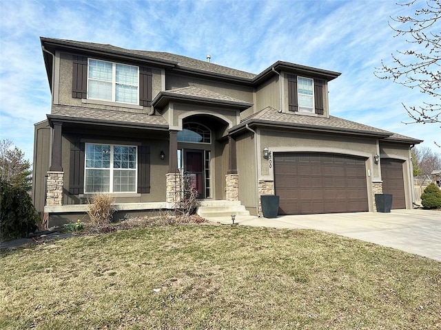 view of front facade featuring stucco siding, stone siding, concrete driveway, and a front lawn