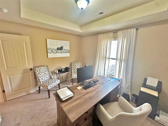 office area featuring a raised ceiling, carpet flooring, and visible vents