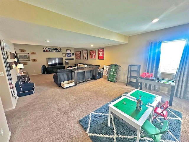 rec room with recessed lighting, baseboards, and carpet floors