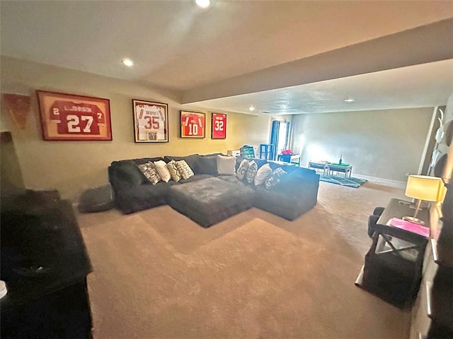 living area featuring carpet flooring, recessed lighting, and baseboards