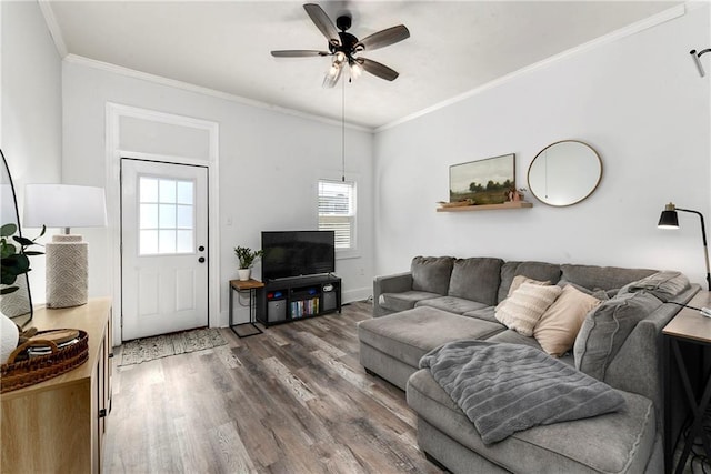 living area with crown molding, wood finished floors, and ceiling fan