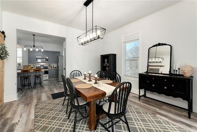 dining space with a wealth of natural light, wood finished floors, and a chandelier