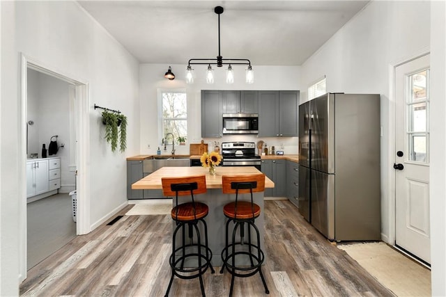 kitchen featuring light wood-style flooring, gray cabinets, appliances with stainless steel finishes, and butcher block countertops