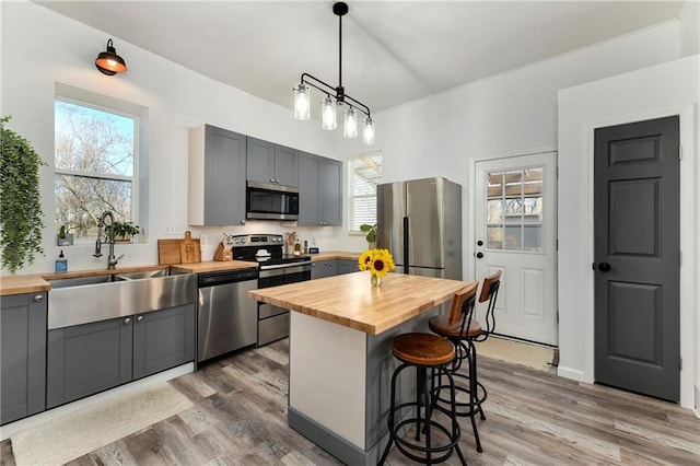 kitchen featuring a sink, gray cabinets, stainless steel appliances, and butcher block countertops