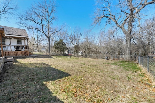 view of yard featuring a fenced backyard and a wooden deck