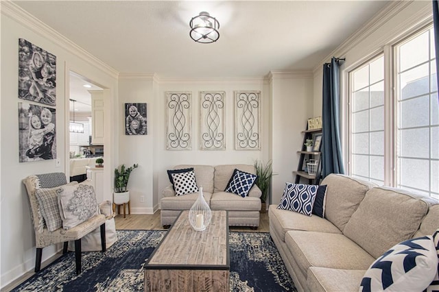 living area featuring dark wood-style floors, crown molding, and baseboards