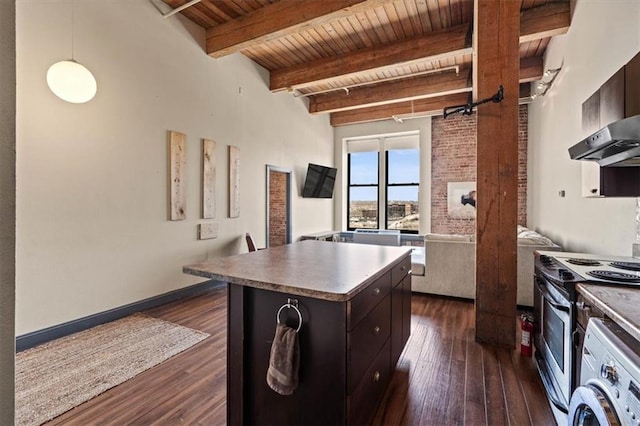 308 W 8th St Unit 414, Kansas City, MO 64105 - kitchen featuring stainless steel range with electric stovetop, a wood ceiling with exposed beams, dark wood finished floors, washer / clothes dryer, and a center island