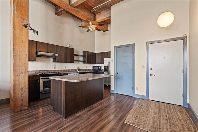 308 W 8th St Unit 414, Kansas City, MO 64105 - kitchen with appliances with stainless steel finishes, under cabinet range hood, a high ceiling, dark wood-style flooring, and a center island