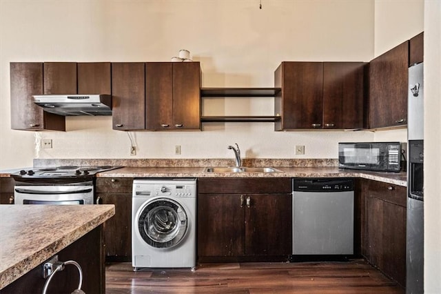 308 W 8th St Unit 414, Kansas City, MO 64105 - kitchen with washer / dryer, appliances with stainless steel finishes, range hood, and dark brown cabinets