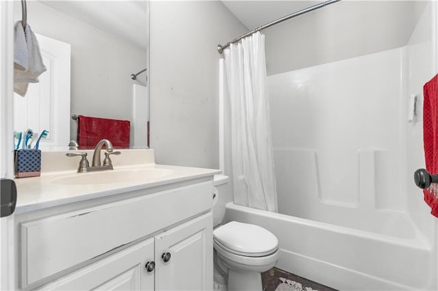 bathroom featuring toilet, vanity, and shower / bathtub combination with curtain