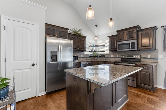 kitchen featuring dark brown cabinetry, dark wood-type flooring, and stainless steel appliances