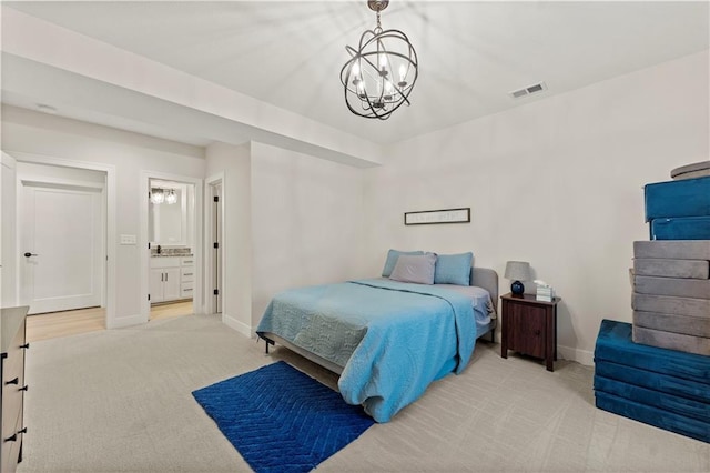 bedroom featuring visible vents, baseboards, light colored carpet, and an inviting chandelier