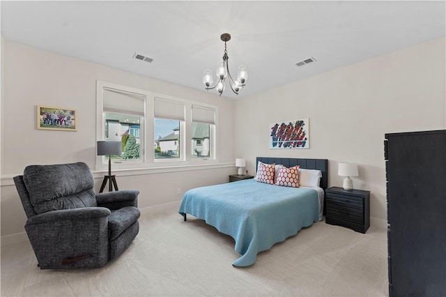 carpeted bedroom with an inviting chandelier, baseboards, and visible vents