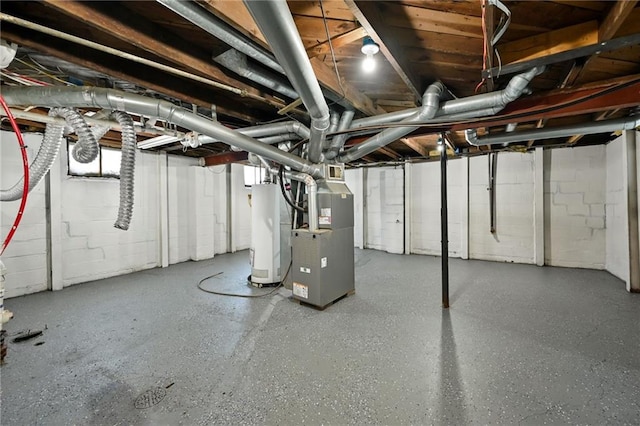 unfinished basement with heating unit and water heater