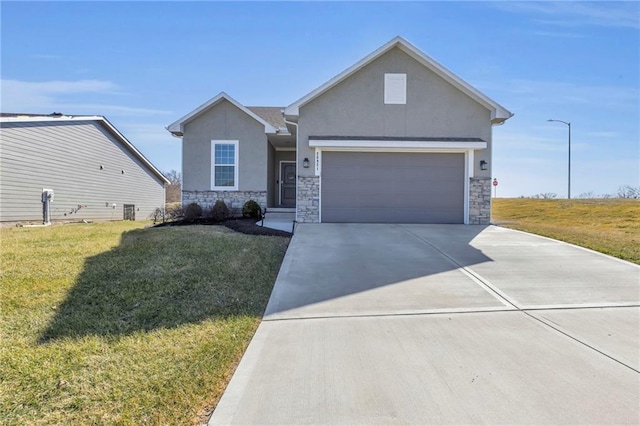 view of front of property with stone siding, stucco siding, and a front yard