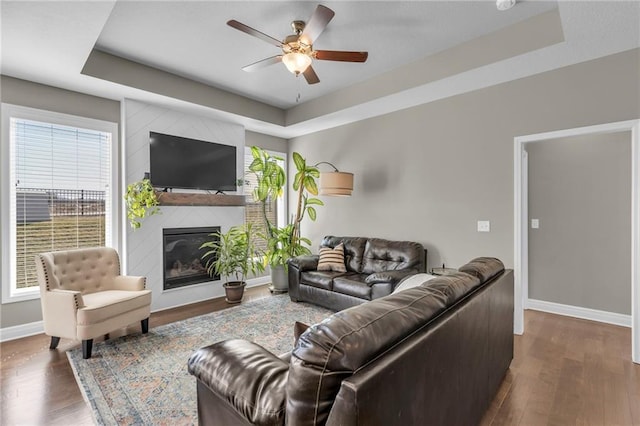 living room with a raised ceiling, wood finished floors, and ceiling fan