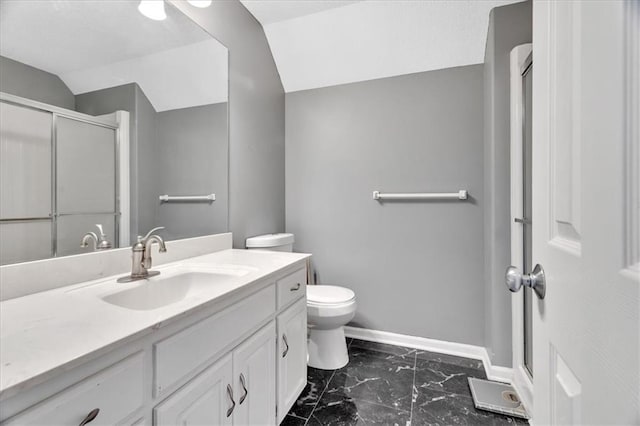 11705 E 86th Ter, Raytown, MO 64138 - bathroom with marble finish floors, vanity, baseboards, a shower stall, and toilet