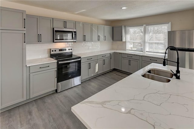 kitchen with gray cabinetry, a sink, tasteful backsplash, wood finished floors, and stainless steel appliances