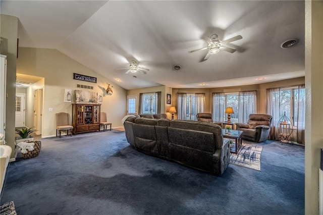 living area with visible vents, baseboards, dark colored carpet, lofted ceiling, and ceiling fan