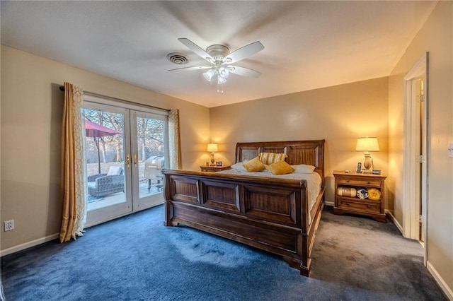 bedroom with carpet, access to exterior, french doors, and visible vents