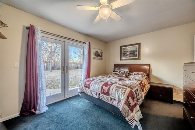 carpeted bedroom featuring french doors, baseboards, ceiling fan, and access to outside