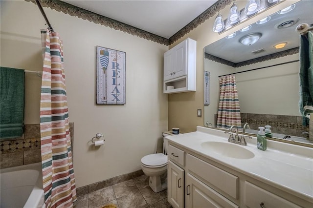 bathroom with tile patterned flooring, visible vents, toilet, shower / tub combo with curtain, and vanity