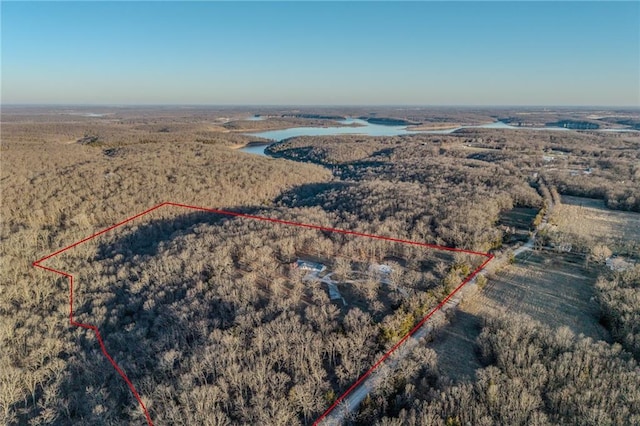 drone / aerial view featuring a forest view and a water view