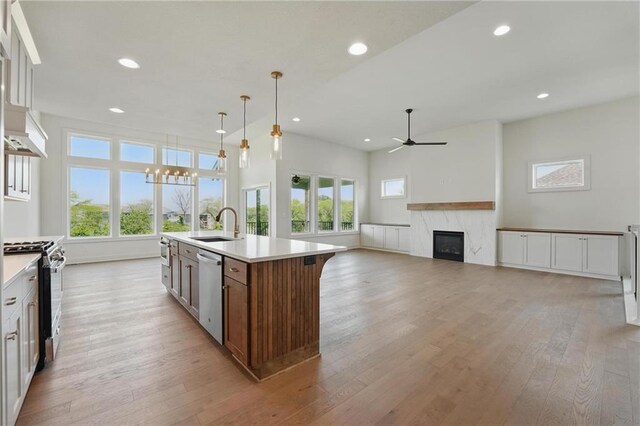 1518 NW 106th Ter, Kansas City, MO 64155 - kitchen featuring appliances with stainless steel finishes, a ceiling fan, light wood finished floors, a glass covered fireplace, and recessed lighting