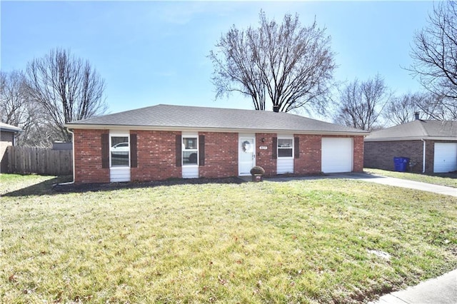 single story home featuring concrete driveway, fence, a garage, and a front yard